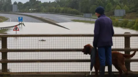 Reuters A man and his dog stand on a bridge and look at a flooded road. A car can be seen submerged in the water. 