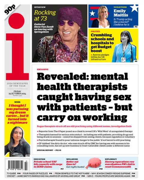 The headline in the i reads: "Revealed: mental health therapists caught having sex with patients - but carry on working". 