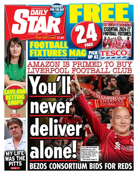 "Amazon is primed to buy Liverpool Football Club: You'll never deliver alone!" reads the headline on the front page of the Daily Star.