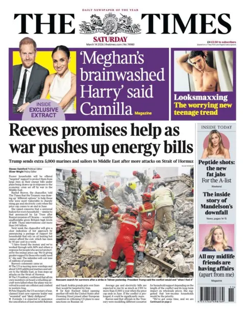 The headline on the front page of the Times reads: "Reeves promises help as war pushes up energy bills."