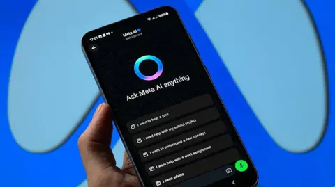 The WhatsApp bot is displayed on a mobile phone with the Meta icon in the background in this photo illustration 
