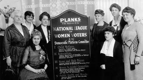 Getty Images Membros da Liga das Eleitoras dos EUA são fotografados com uma prancha que a organização apresentou ao Comitê da Plataforma Democrática em 1920 