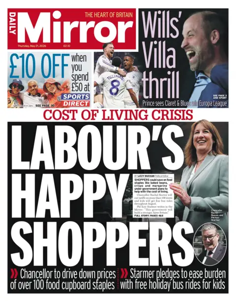 "Labour's happy shoppers" is the headline on the front page of the Daily Mirror.