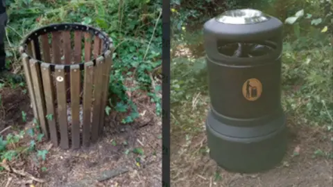 Two bins - one on the left with wooden planks and on the left one covered with a black plastic shape