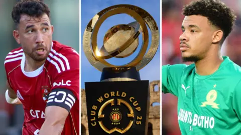 A triptych showing Trezeguet playing for Al Ahly, the Club World Cup trophy on a plinth and Ronwen Williams playing for Mamelodi Sundowns