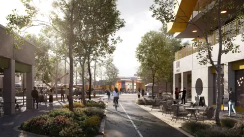 Peterborough City Council Graphic of the eastern entrance to Peterborough station, where there are chairs and tables, trees and a cyclist using a path.