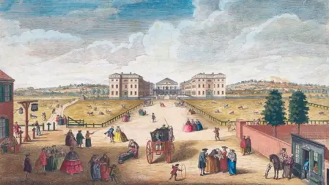 Getty Images A colourised engraving dated 1751, published by Robert Sayer. It shows a view of a street scene, with crowds of people and a horse and cart, with the Foundling Hospital in the distance