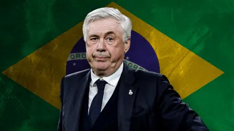 An image of Carlo Ancelotti in a suit, raising an eyebrow in front of a Brazil flag background.