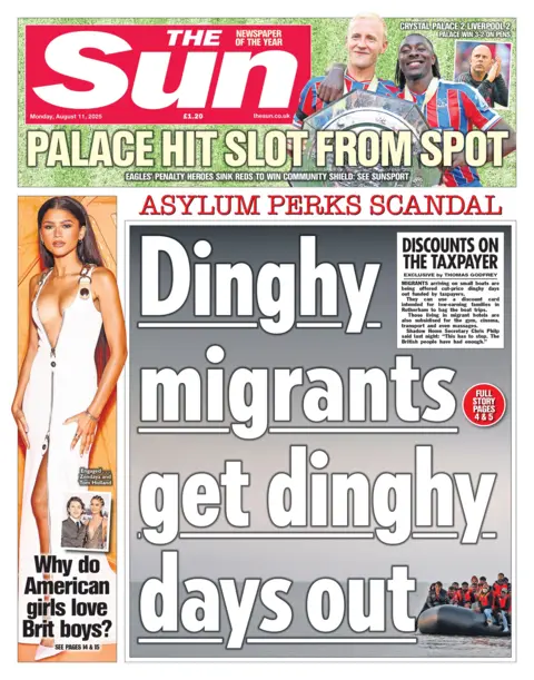 The headline on the front page of the Sun reads: "Dinghy migrants get dinghy days out". 
