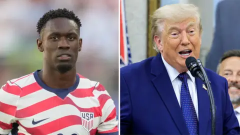Split screen showing Folarin Balogun in the USA soccer jersey and Donald Trump in a blue suit and tie.