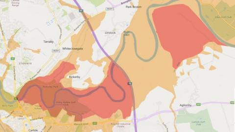 Map to show Environment Agency flood warnings around Carlisle, Cumbria