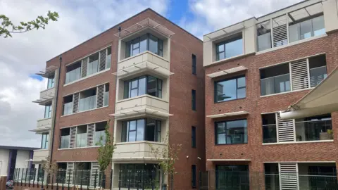 Amy Holmes/BBC Newly built apartments overlooking a landscaped courtyard.