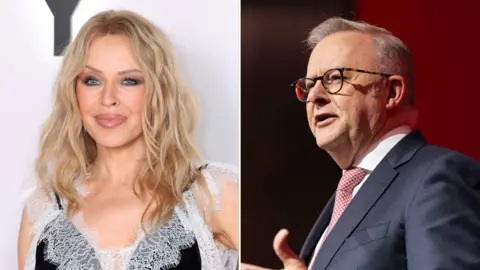 A split screen image of a woman with wavy blonde hair and heavy makeup on the left and a man with short grey hair and glasses in a suit on the right