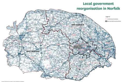 map showing the boundaries of the three new unitary authorities in Norfolk