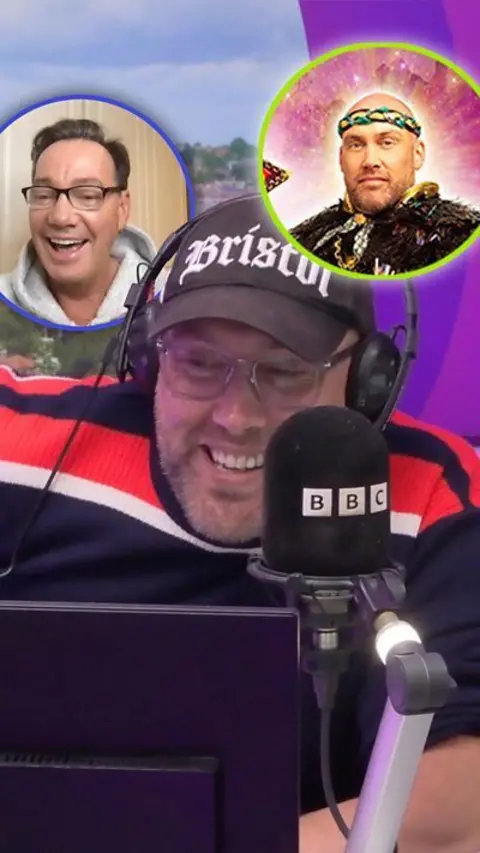 A BBC radio presenter smiling with inserts of himself in a costume and another insert of Craig Revel Horwood.