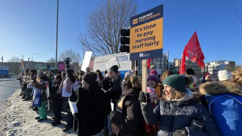 Steve Hubbard/BBC Picket line at Addenbrooke's Hospital