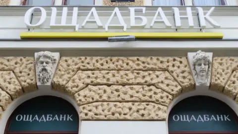 View of Oschadbank branch of the state savings bank of Ukraine, in downtown of Lviv