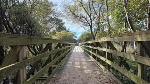 A long path can be seen straight ahead in the middle of the image lined by a wooden fence on both sides. The start of the path is in shadow but the end is in sunlight with a blue sky in the distance Trees can be seen around and above the path