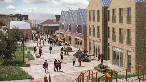 Harworth A design drawing of Olive Lane, Waverley. People stand in the street in sunshine, alongside a row of outlets