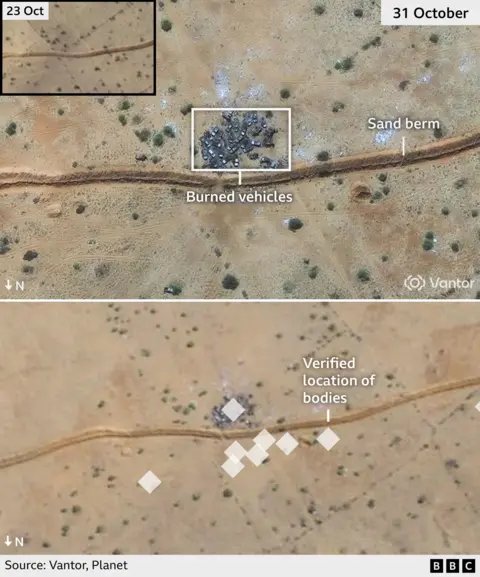A satellite image showing the sand berm and a group of burned vehicles outside el-Fasher. 

In a second image below the location of dead bodies had been marked with diamond markers. 