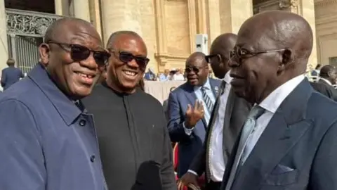 Bola Tinubu wearing a blue suit while Peter Obi wears a black traditional gown and Kayode Fayemi wears a blue jacket