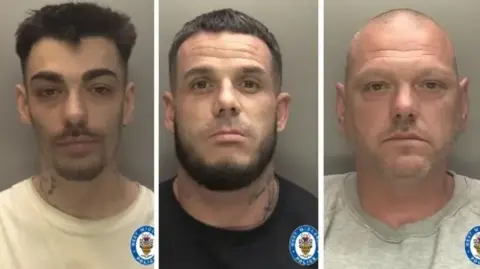 West Midlands Police The three men appear in a police mugshot. Royston is wearing a white T'shirt and has a beard. Lee is in a black top and also has a beard. David is wearing a grey T'shirt.