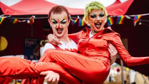 Dafydd Owen (ffotoNant) Teifi (left) with another drag performer Jordropper