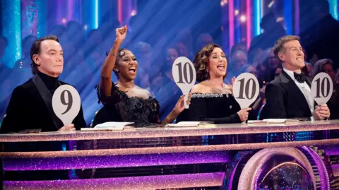 Strictly judges Craig Revel Horwood, Motsi Mabuse, Shirley Ballas and Anton Du Beke hold up their score paddles as they sit behind their desk on the show. Craig holds up 9 and looks deadpan. Motsi punches the pair and cheers with Shirley as they hold up 10s. Anton grins as he holds up 10.