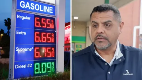 Splitscreen. Left, gas prices hit over 6 dollars. Right, a man speaks to camera from a petrol station.