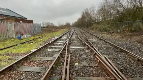 Section of three railway tracks with grass on the left hand side of the image next to a fence. There are trees in the background. 