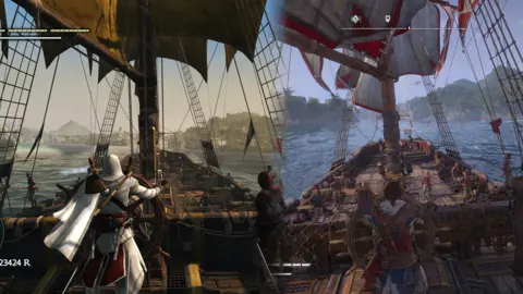 Ubisoft Two screenshots side-by-side show the main character steering a ship, as viewed from behind. On the left, the colours are browner and murkier. The graphics are less vibrant as it is the older game. Meanwhile on the right, it is much more vibrant.