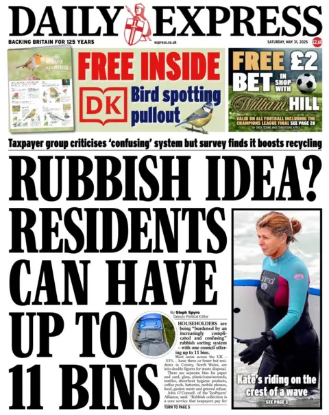 The Daily Express has a large headline that reads: Rubbish idea? Residents can have up to 11 bins. 