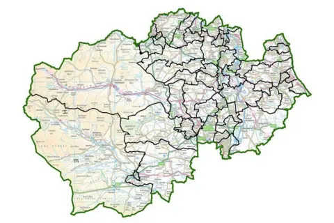 Local Government Boundary Commission/Ordnance Survey/Crown copyright Map showing the proposed new Durham County Council ward boundaries