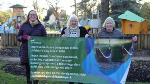 Photo shows from left to right: Eleanor Montgomery, contracts officer at Charnwood Borough Council, Cllr Anne Gray, the Council's lead member for open spaces and Lynda Wesson, chair of Friends of Queen's Park