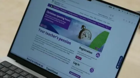 An open laptop showing the Teachers' Pensions website. It is advertising Christmas opening hours and on the right there are sections to register and log in.