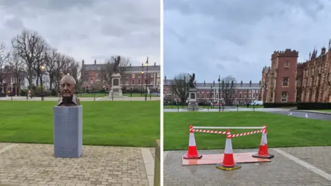 A composite image of the George Mitchell bust. On the left The bronze bust is there on a concrete platform and on the right it is gone and in place there are three traffic cones on a plank of wood.
