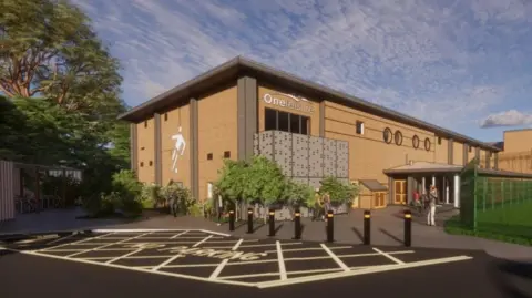 An artist's impression of what the new facility could look like. It shows a building with a flat roof and sign which reads "One leisure". In front of it is a car park with a hatched "no parking" area. 