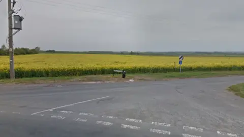 Google Maps image taken at the junction with Newland Lane looking across a field of oilseed rape.