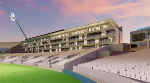 A computer-generated image showing what the proposed new development would look like. A long building on several storeys, with lights on inside and silhouettes of people at the windows, overlooks a stand for spectators in front of the pitch.