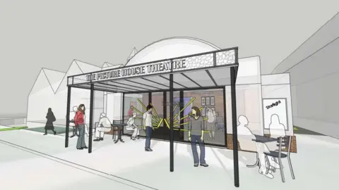 Andy Tropia - AT Designed Artist's impression of the front of the picture house with a covered area over the pavement where there are tables and chairs