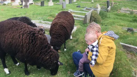 Duncan Cameron three black sheep nibbling grass between graves stones in front of a woman holding a child on her knee. you can't see her face but the child is looking down on the sheep. there are numerous gravestones in the background. 