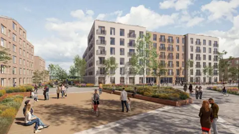 MB European Ltd An artist's impression on how the flats could have looked, with buildings up to seven storeys tall, surrounded by pedestrianised streets and pocket parks.