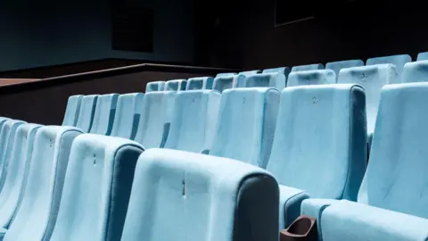 Kat Gollock Light blue cinema seating in rows, in close-up.
