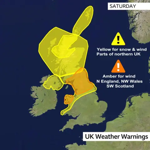 A map shows yellow weather warnings covering most of Scotland and northern Ireland, and amber warnings covering northern England, north-west Wales and south-west Scotland.