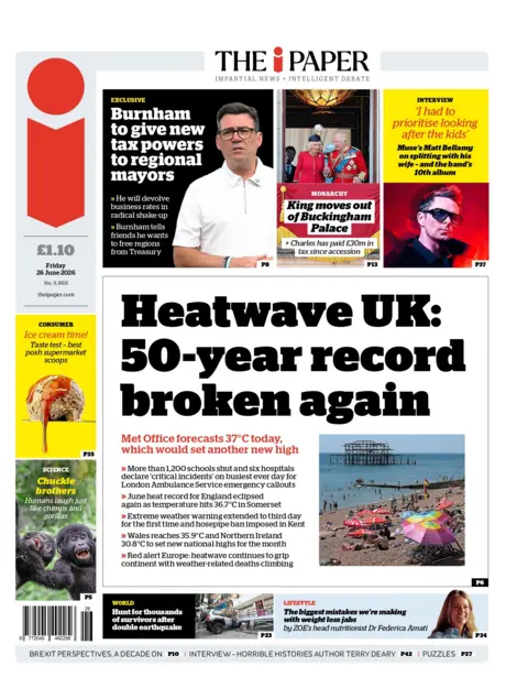 "Heatwave UK: 50-year record broken again," reads the headline on the front page of the i Paper. 