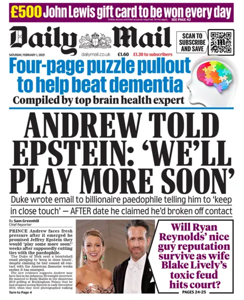 Reads the title in mail: "Andrew told Epstein: 'We will play soon'", 