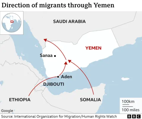 A map showing the migrant route from the Horn of Africa to Yemen and on 