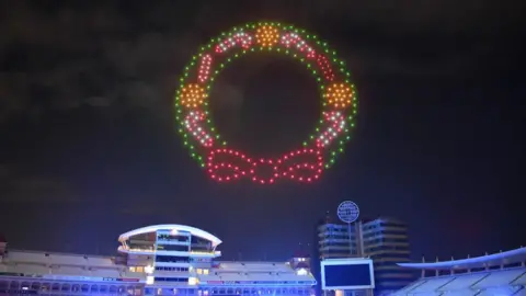 Yuup A drone display in the form of a wreath above Nottinghamshire County Cricket Club's Trent Bridge ground in West Bridgford