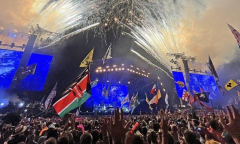 Crowds watch fireworks on the Pyramid Stage at Glastonbury 2023