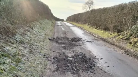Shot of a narrow road with two large potholes in the foreground. There is an embankment on one side of the road, which is on an incline. There is a lone tree at the top.